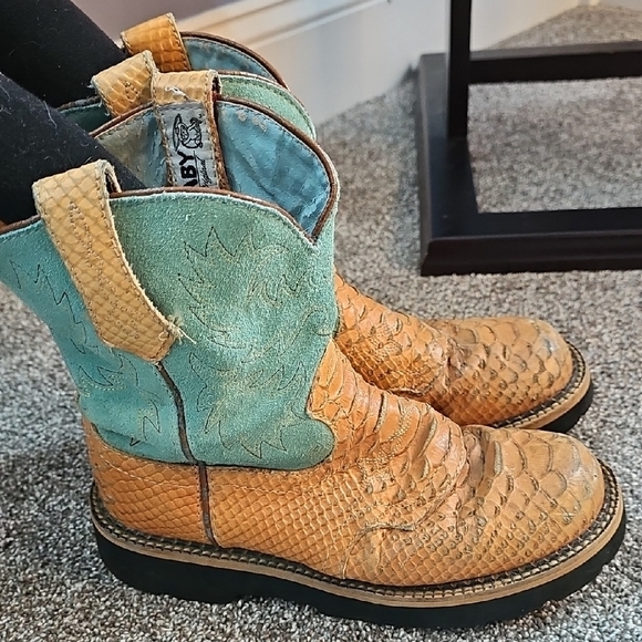 Ariat Turquoise and Tan Snakeskin Print Cowboy Boots - Picture 4 of 6
